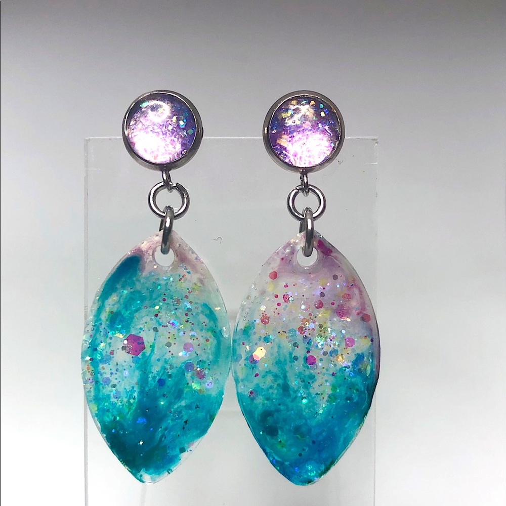 Blue & Purple Resin Dangle Drop Stud Earrings